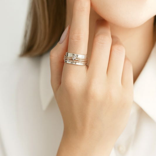 Marlene – Wide Finely Hammered Ring with Gold Accents