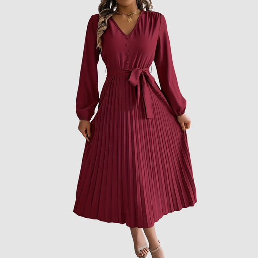 CELESTE BLOOM | PLEATED LONG-SLEEVE MIDI DRESS