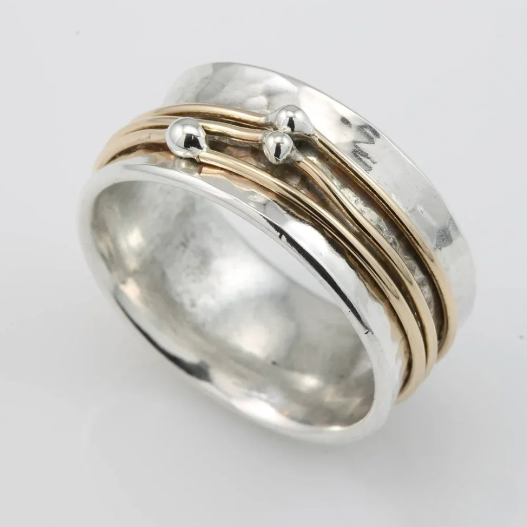 Marlene – Wide Finely Hammered Ring with Gold Accents