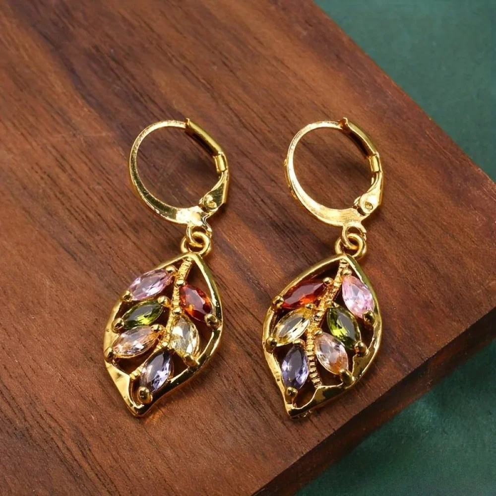 SYLVANA | VINTAGE GOLDEN LEAF EARRINGS WITH COLOURFUL ZIRCONIA