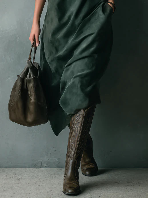 Isna | Green Loose Suede Lapel Long Sleeve Midi Dress