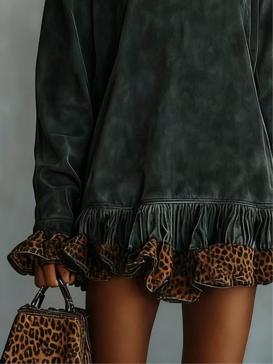 ZARA SUEDE MINI DRESS WITH TURTLENECK AND LEOPARD PRINT PANEL