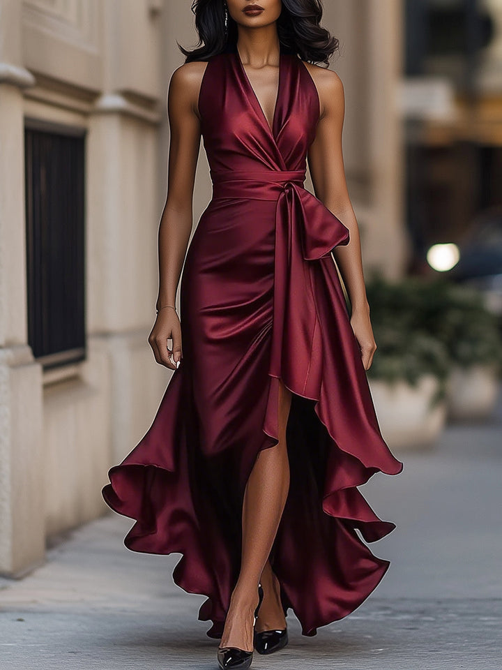 Violet &amp; Grace - Midnight Elegance Satin Halter Ruffle Gown