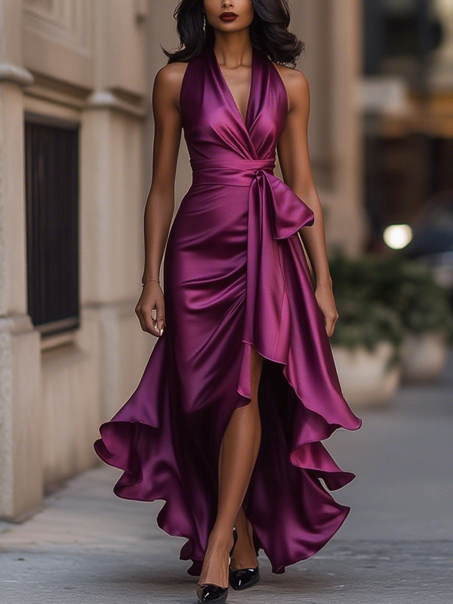 Violet &amp; Grace - Midnight Elegance Satin Halter Ruffle Gown