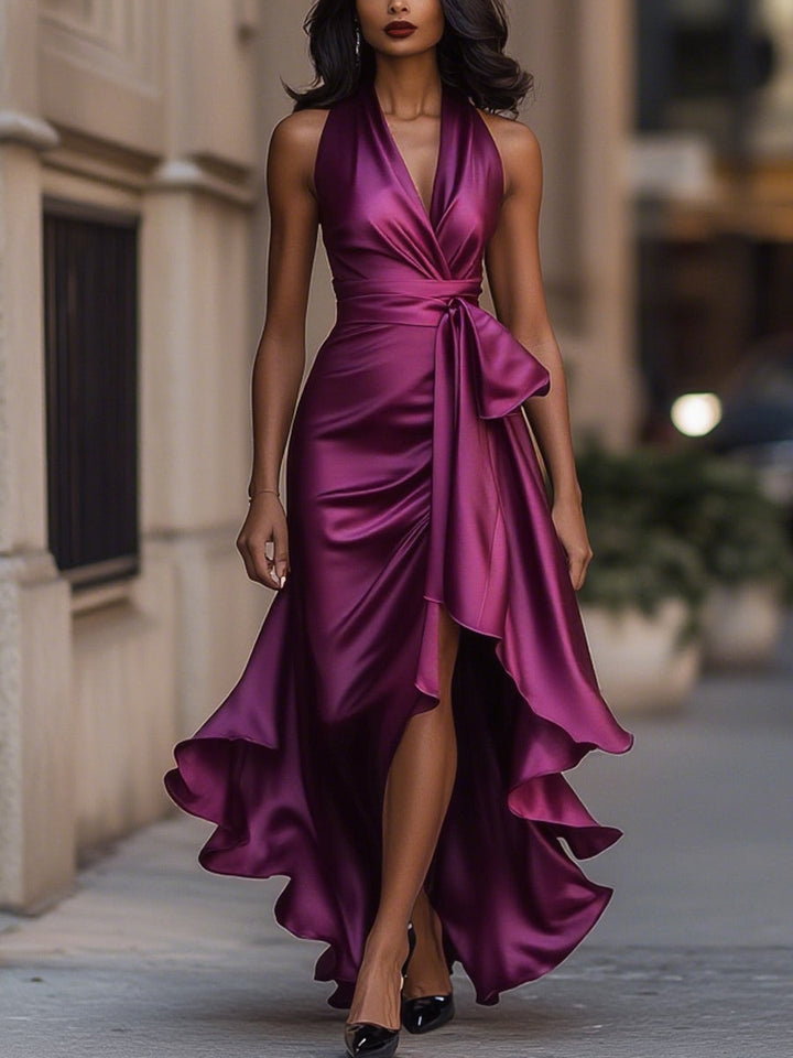 Violet &amp; Grace - Midnight Elegance Satin Halter Ruffle Gown
