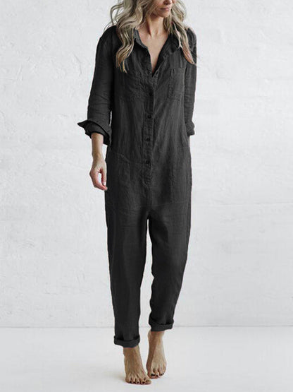 Janna - Button Up Casual Lapel Pocket Long Sleeve Jumpsuit