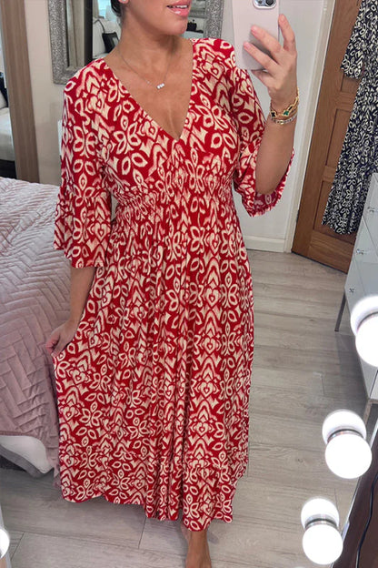 Bohème casual print V-neck waist wrap long dress