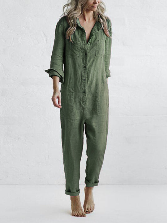 Janna - Button Up Casual Lapel Pocket Long Sleeve Jumpsuit