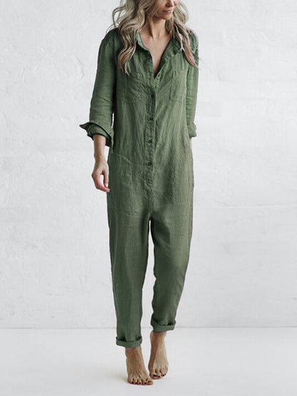 Janna - Button Up Casual Lapel Pocket Long Sleeve Jumpsuit