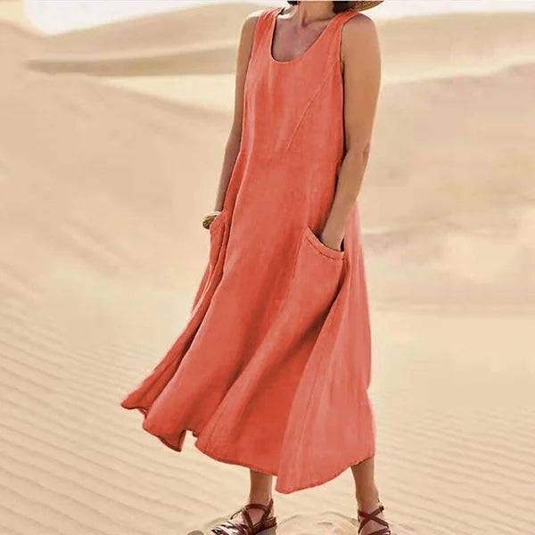 Coral - Women's Sleeveless Cotton And Linen Dress