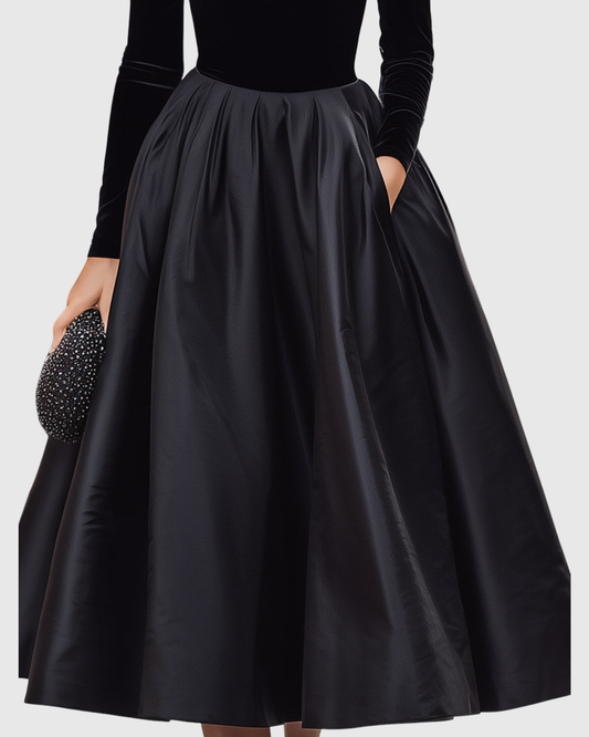 ARADIA | ELEGANT BLACK VELVET AND SATIN MIDI DRESS
