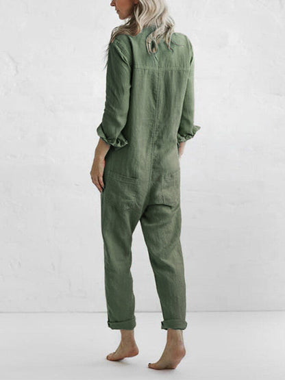 Janna - Button Up Casual Lapel Pocket Long Sleeve Jumpsuit