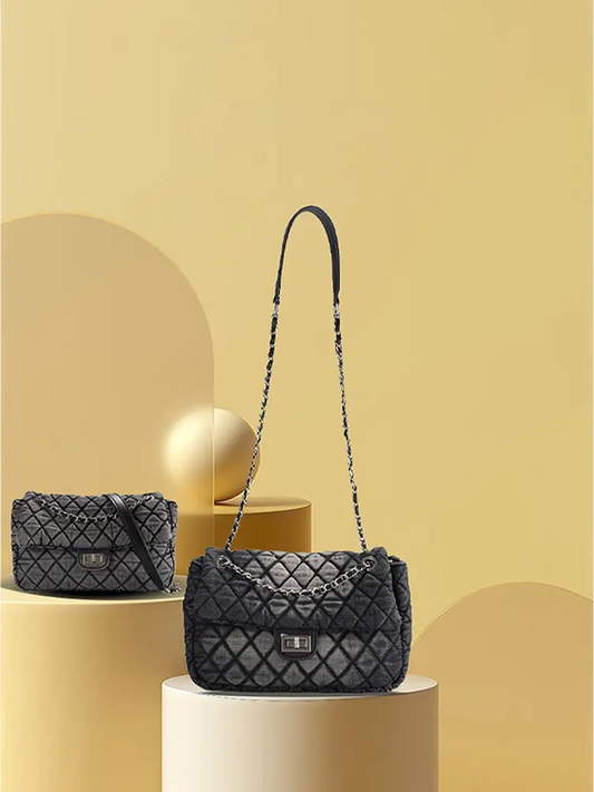 Washed Denim Quilted Chain Crossbody Bag
