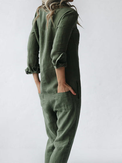 Janna - Button Up Casual Lapel Pocket Long Sleeve Jumpsuit