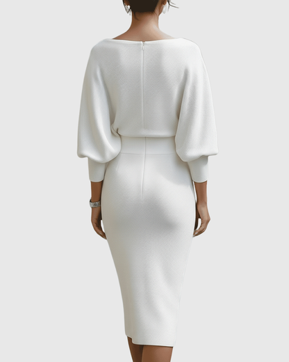 ISMÉRIA | WHITE DRAPED BATWING MIDI DRESS