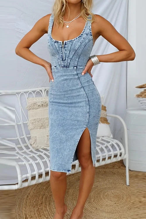 Anna - Heididress Adjustable Straps U Neck Slit Denim Bodycon Cami Dress