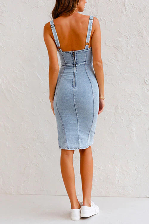 Anna - Heididress Adjustable Straps U Neck Slit Denim Bodycon Cami Dress