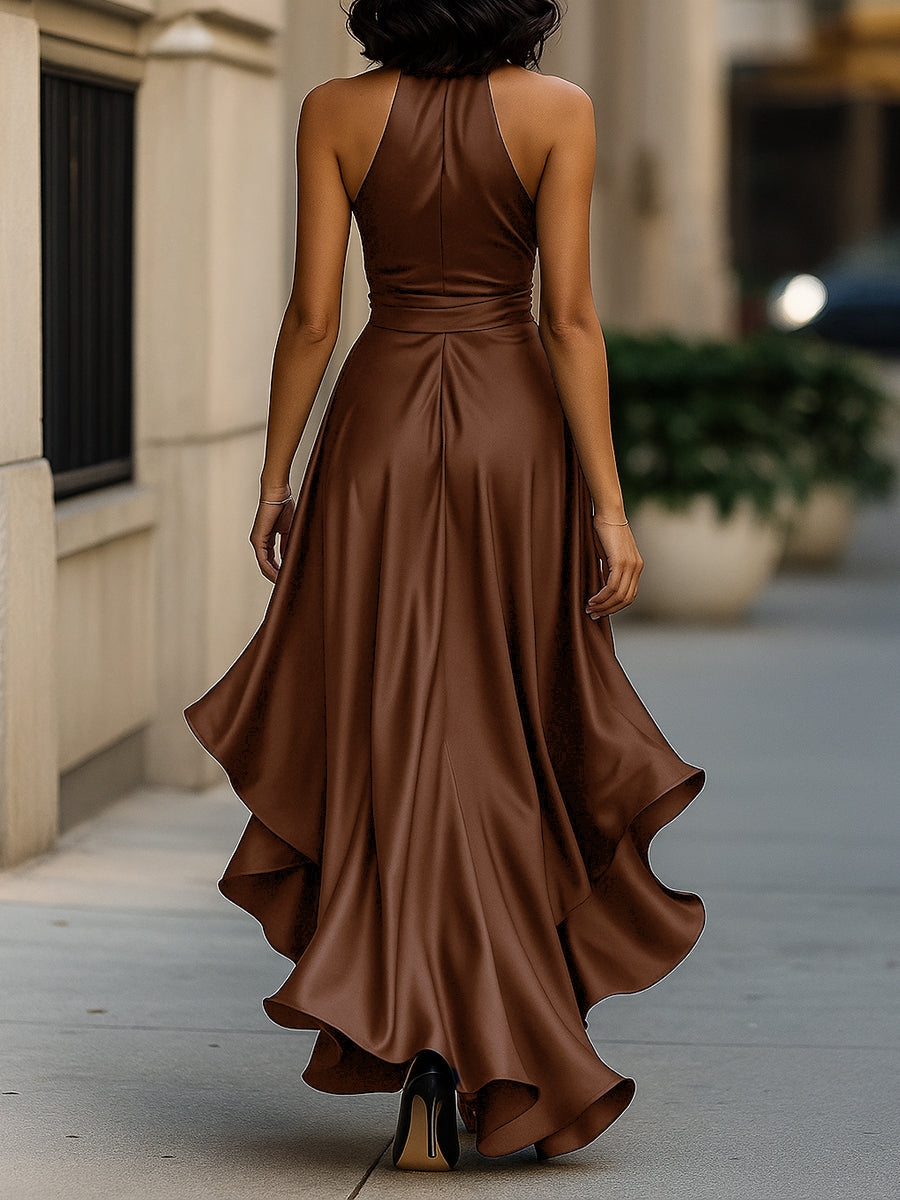 Violet &amp; Grace - Midnight Elegance Satin Halter Ruffle Gown