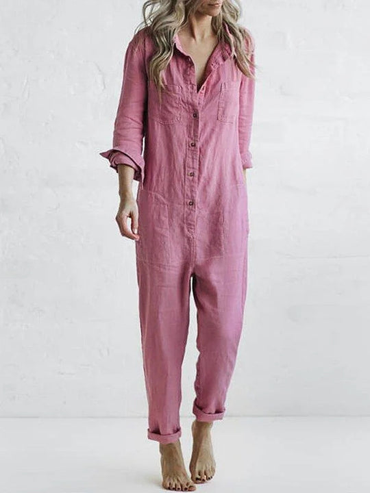 Janna - Button Up Casual Lapel Pocket Long Sleeve Jumpsuit