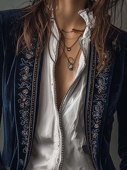 Erica | Long Vintage Velvet Jacket with Embroidery