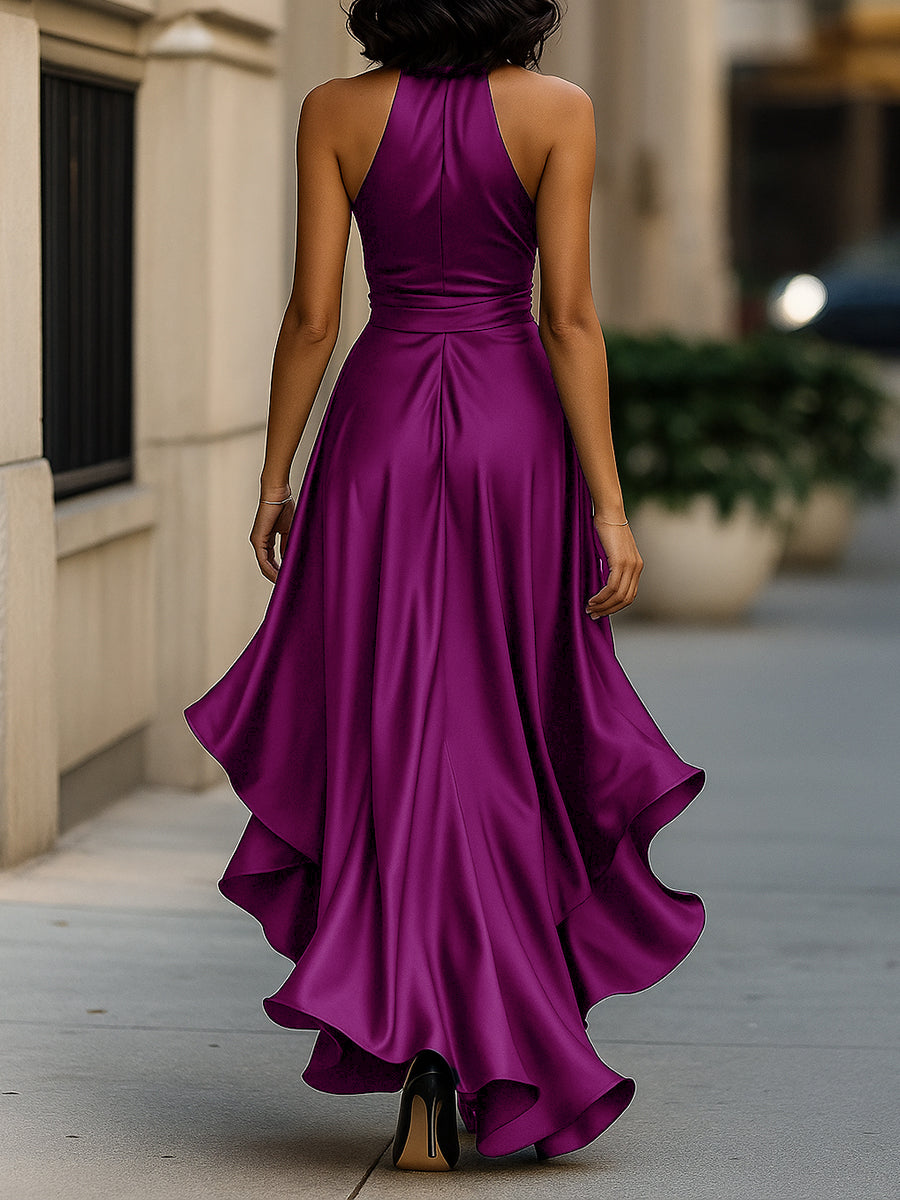 Violet &amp; Grace - Midnight Elegance Satin Halter Ruffle Gown