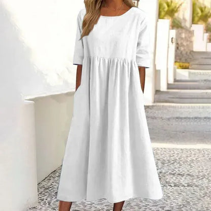 Ruth - Women's Casual Basic Outdoor Crew Neck Pocket Smocked Cotton Dress