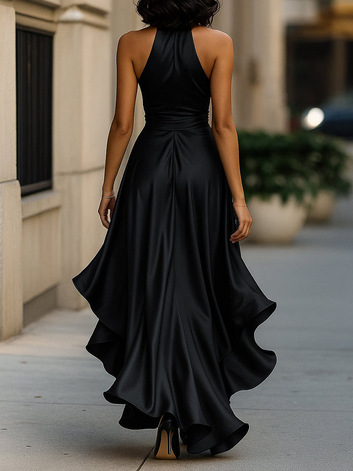 Violet &amp; Grace - Midnight Elegance Satin Halter Ruffle Gown