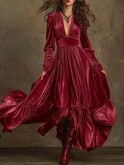 SERAFINA | RETRO OVERSIZED SKIRT LONG DRESS WITH DEEP V-NECK