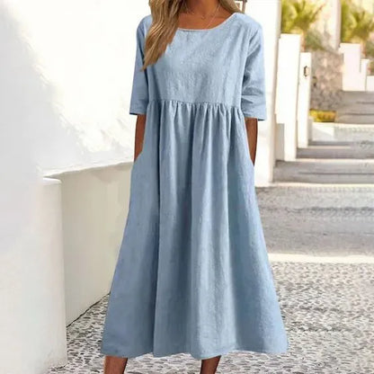 Ruth - Women's Casual Basic Outdoor Crew Neck Pocket Smocked Cotton Dress