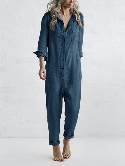 Janna - Button Up Casual Lapel Pocket Long Sleeve Jumpsuit