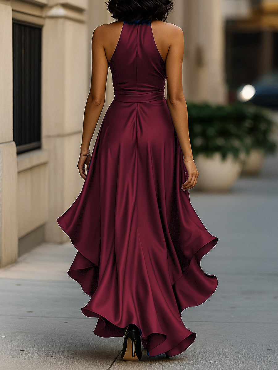 Violet &amp; Grace - Midnight Elegance Satin Halter Ruffle Gown