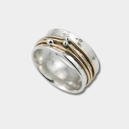 Marlene – Wide Finely Hammered Ring with Gold Accents