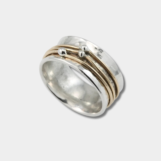 Marlene – Wide Finely Hammered Ring with Gold Accents