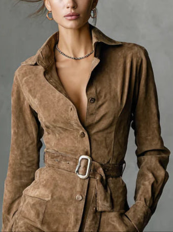 Marigold | Suede Single Breasted Lapel Long Sleeve Midi Dress (Includes belt)