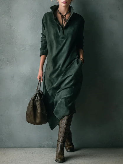 Isna | Green Loose Suede Lapel Long Sleeve Midi Dress