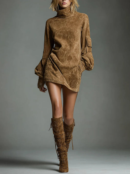 LILLY | SUEDE TURTLENECK MINI DRESS WITH VINTAGE CHARM
