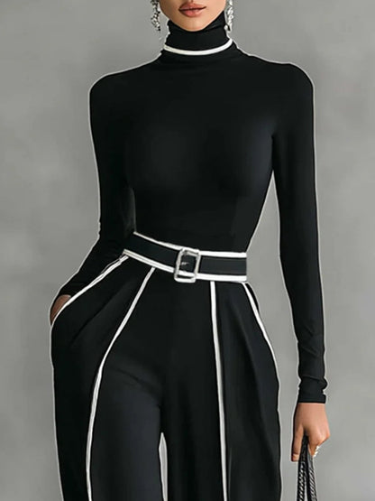 REFINED HIGH-NECK TOP & WIDE-LEG PANTS SET (FREE BELT)
