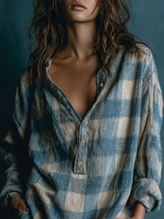 SELENIE BLUE AND WHITE LOOSE PLAID HENLEY NECK LONG SLEEVE MINI DRESS