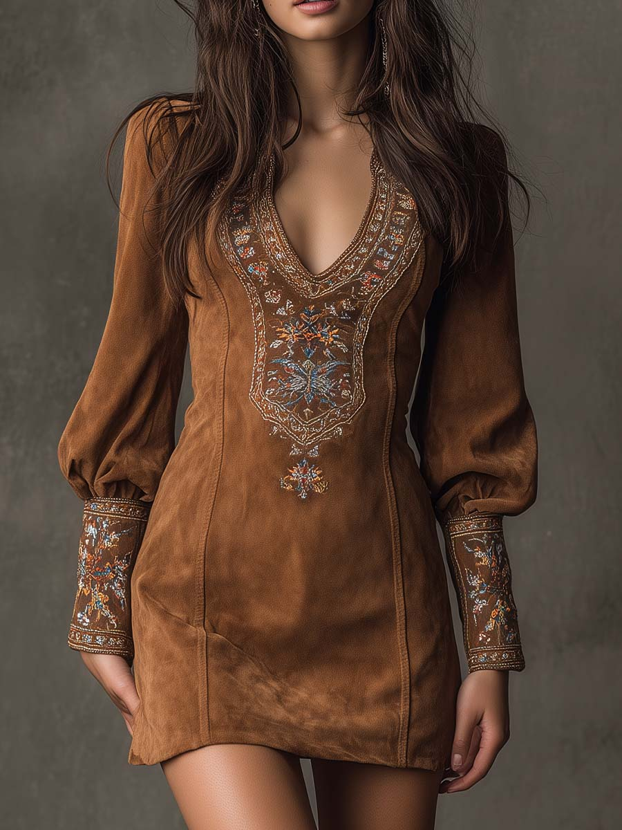 IZOLDA VINTAGE BROWN V-NECK SUEDE EMBROIDERED MINI DRESS