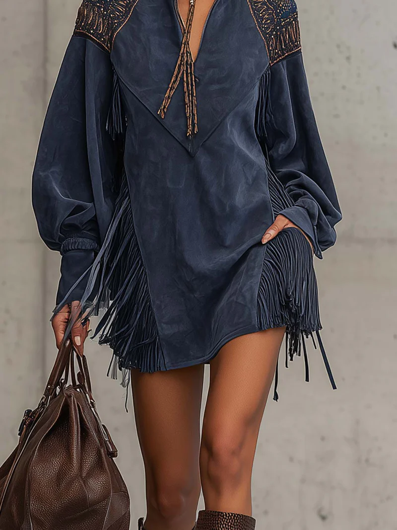 JUNO INDIGO SUEDE MINI DRESS WITH EMBROIDERED TASSELS AND STAND COLLAR