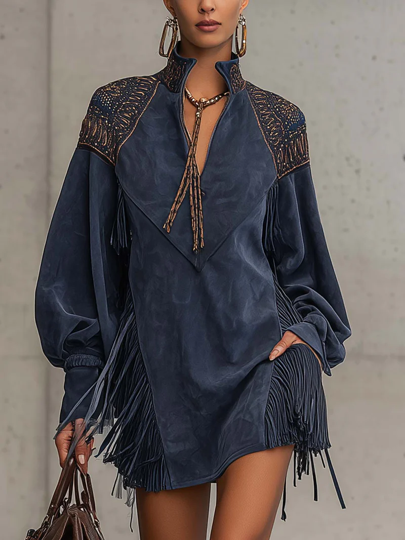 JUNO INDIGO SUEDE MINI DRESS WITH EMBROIDERED TASSELS AND STAND COLLAR