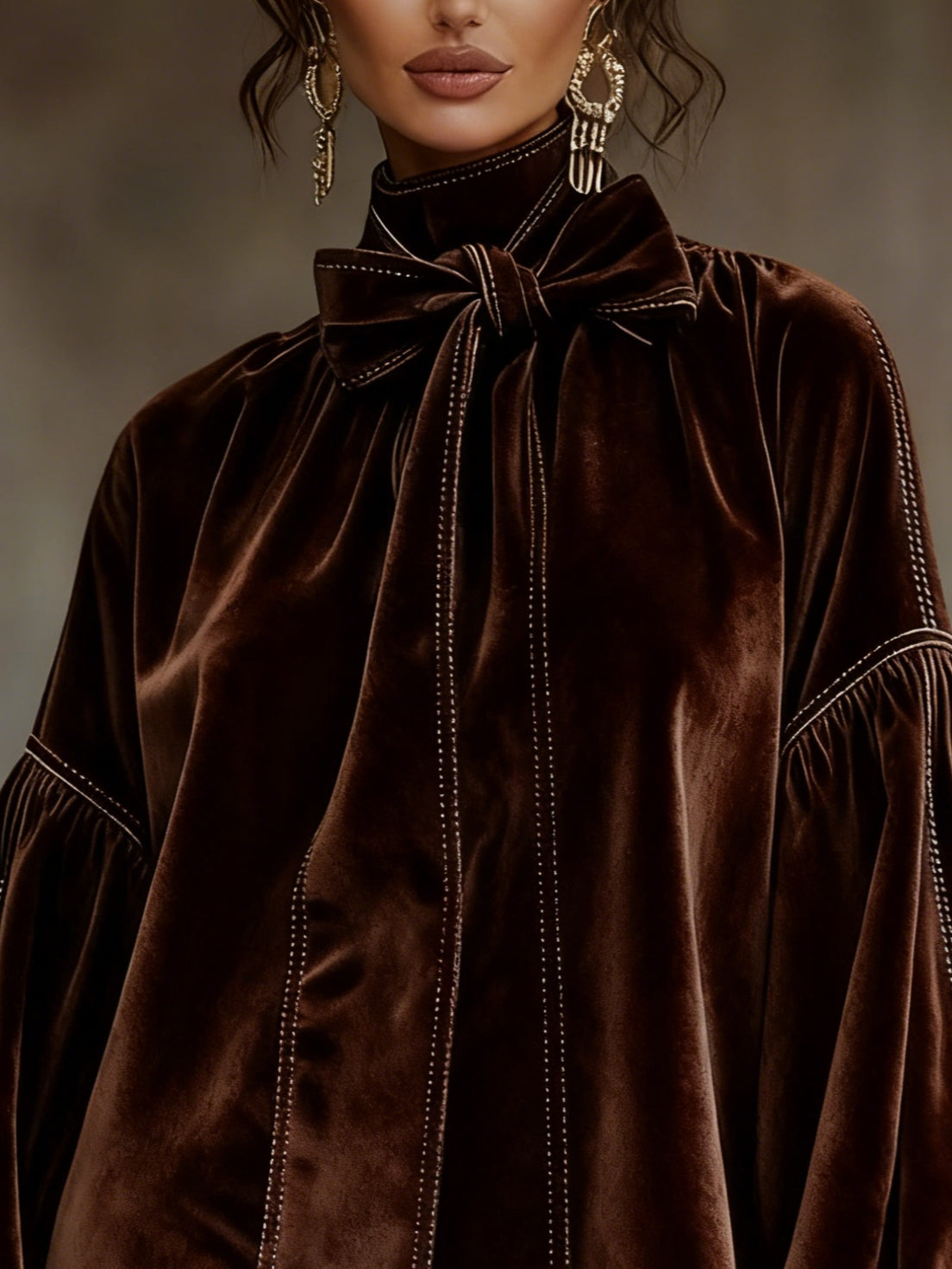 CELESTE DARK BROWN VELVET MINI DRESS WITH BOW AND LANTERN SLEEVES