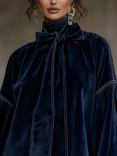 LIORA DARK BLUE VELVET MINI DRESS WITH BOW AND LANTERN SLEEVES