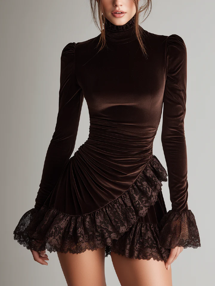 MAYA BROWN VELVET MINI DRESS WITH TURTLENECK AND RUFFLED HEM