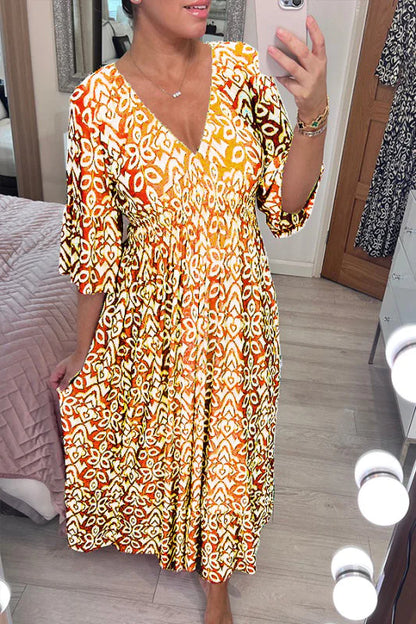 Bohème casual print V-neck waist wrap long dress