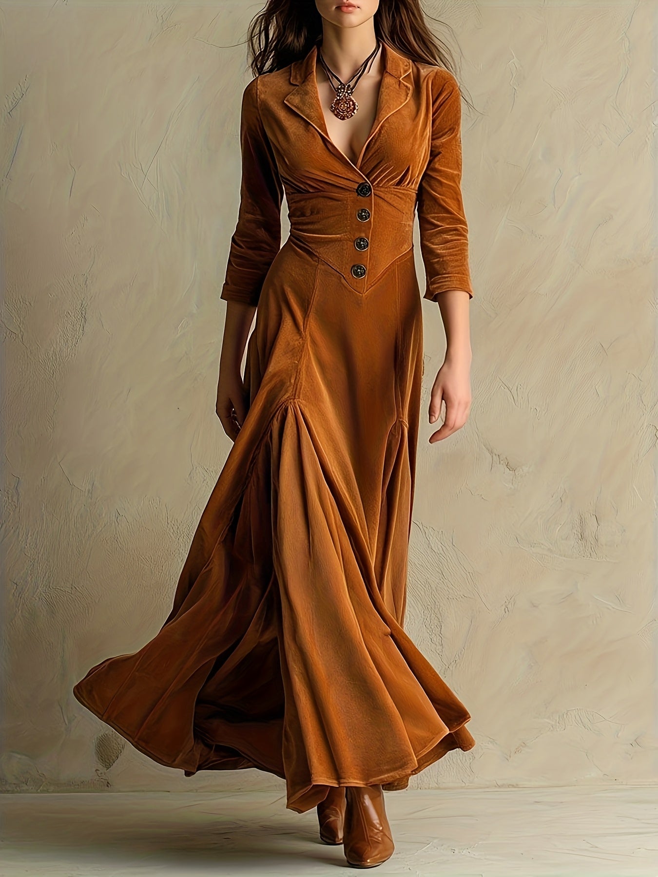 ELOWENNA | ELEGANT BUTTON-FRONT COLLAR DRESS WITH 7/8 SLEEVE