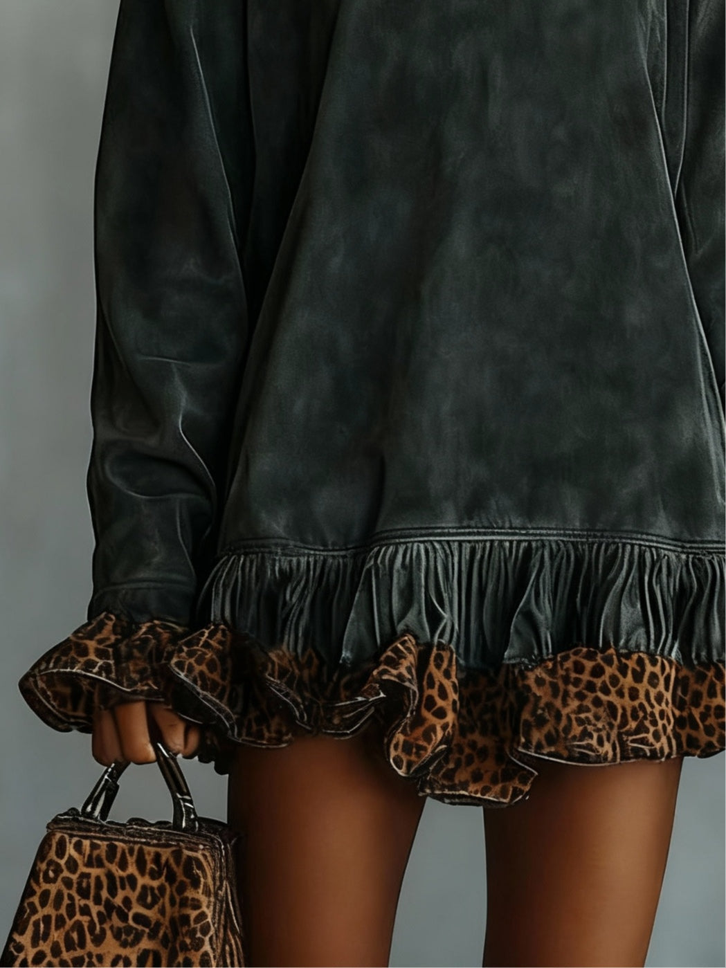 ZARA SUEDE MINI DRESS WITH TURTLENECK AND LEOPARD PRINT PANEL
