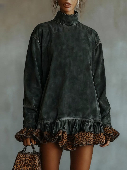 ZARA SUEDE MINI DRESS WITH TURTLENECK AND LEOPARD PRINT PANEL