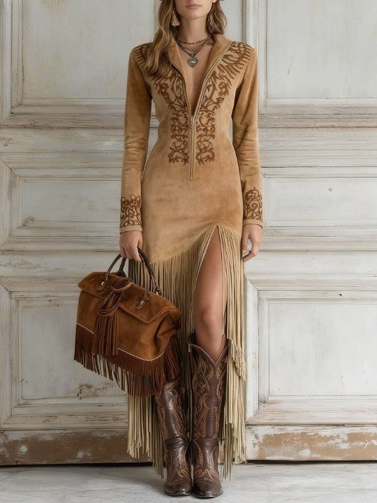Beatrice | Western Faux Suede Fringe Dress