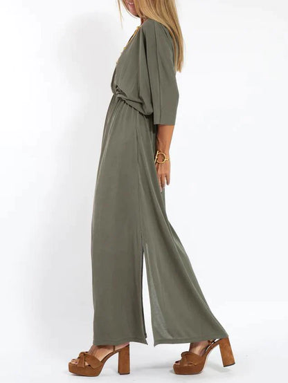 Isabel - Women's Casual Solid Color V Neck Slit Dress